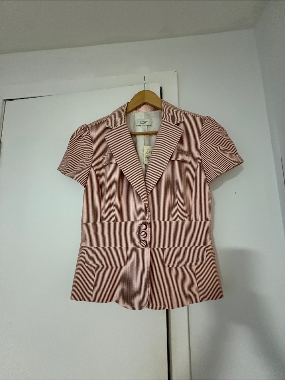 LOFT Red and White Striped Short Sleeve Blazer